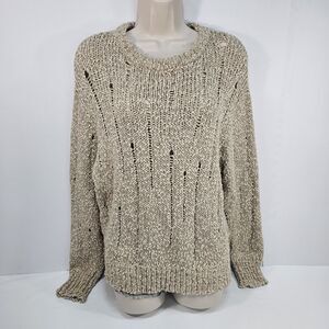 Bluivy Open Knit Boat Neck Pullover Sweater Neutral Tan Marled Long Sleeve S/M